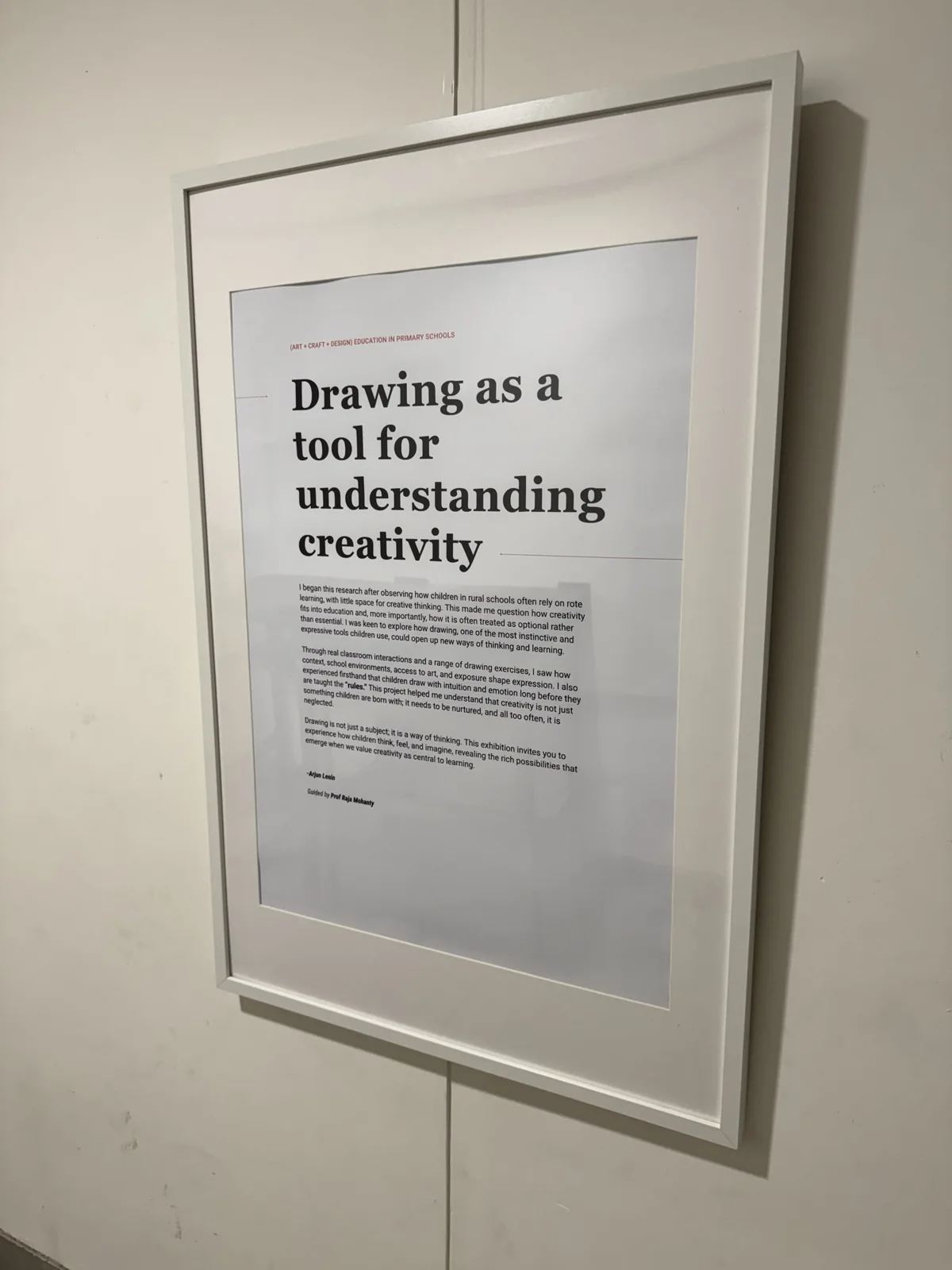 Framed exhibition text titled Drawing as a tool for understanding creativity