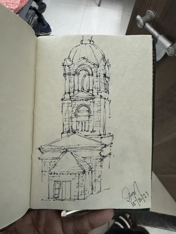 Line drawing of an architectural tower in a sketchbook
