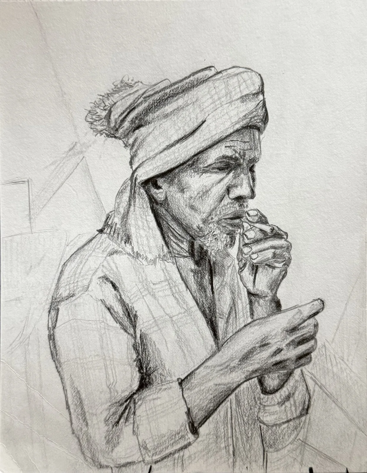 Pencil portrait of a person wearing a headwrap, one hand raised