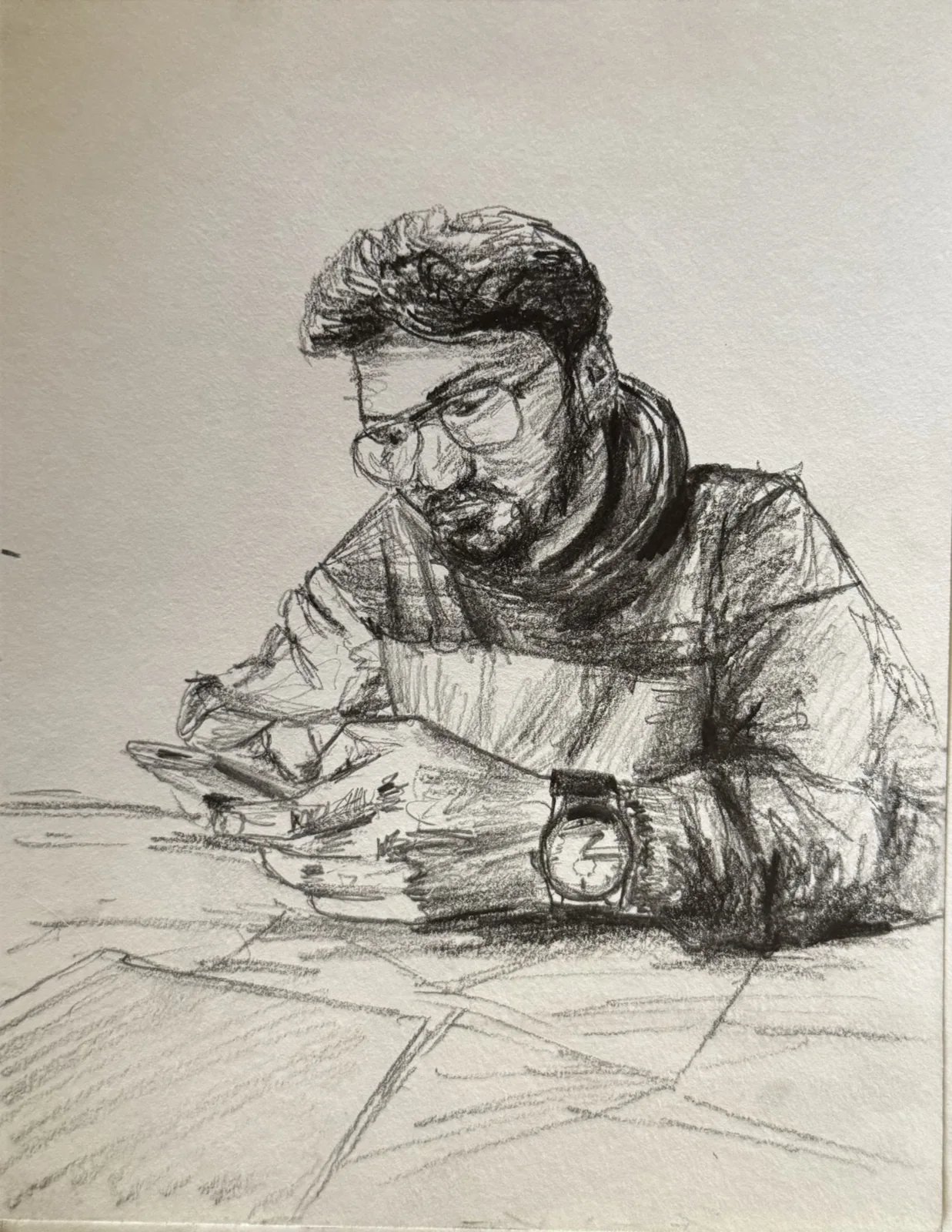 Pencil drawing of a seated person looking down at their hands
