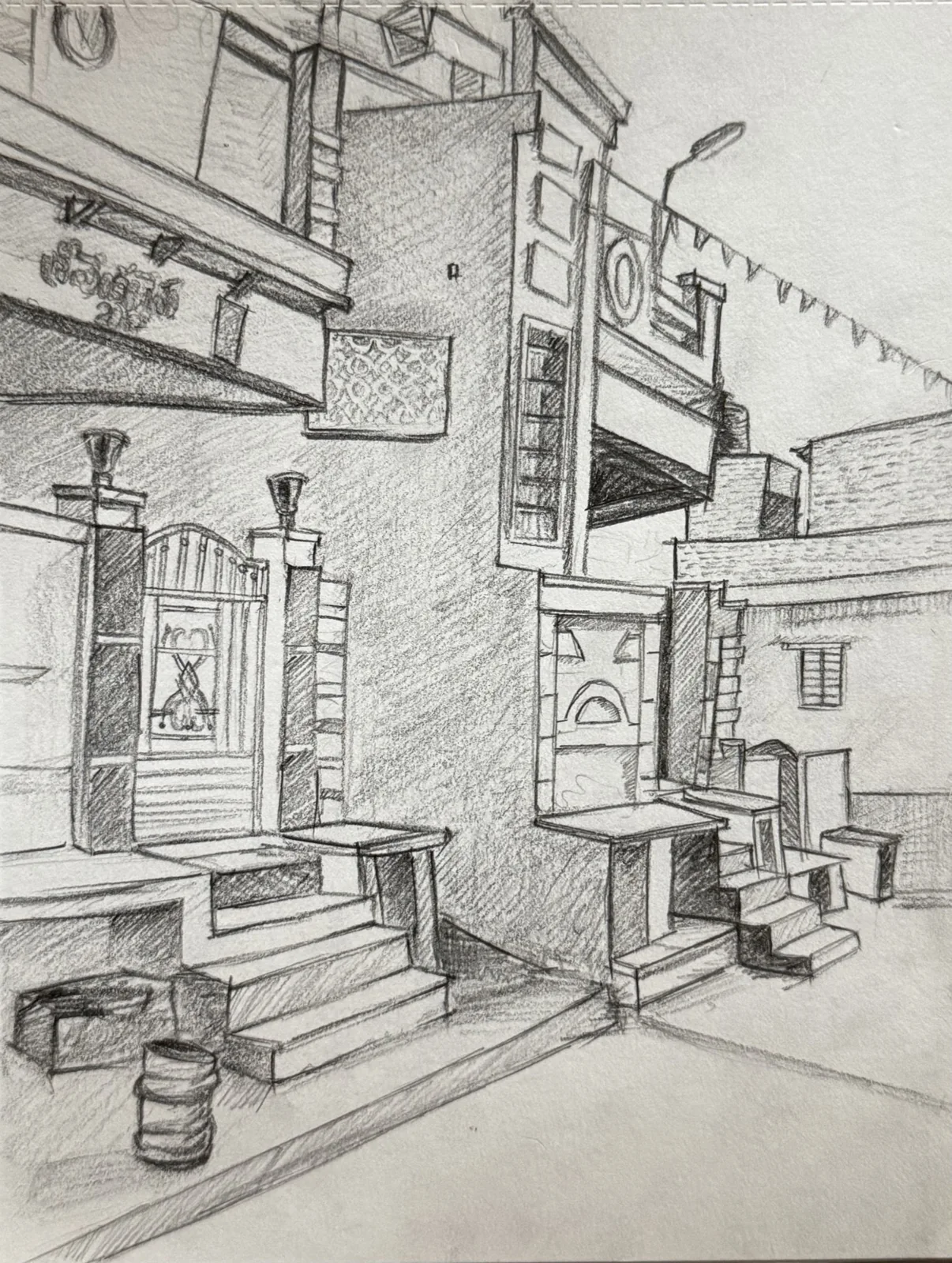 Pencil sketch of buildings and steps along a street
