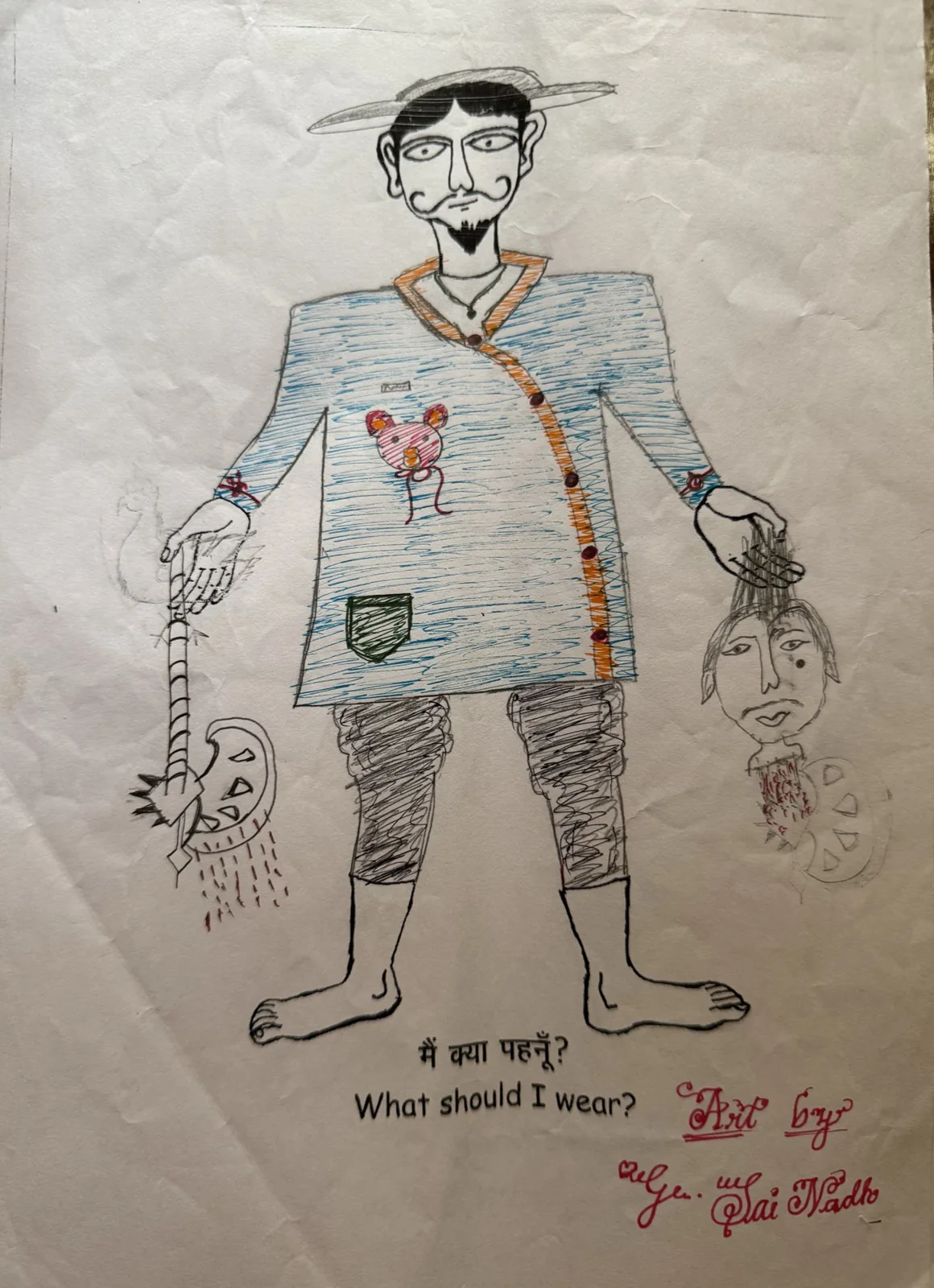 A character drawing with a colourful outfit