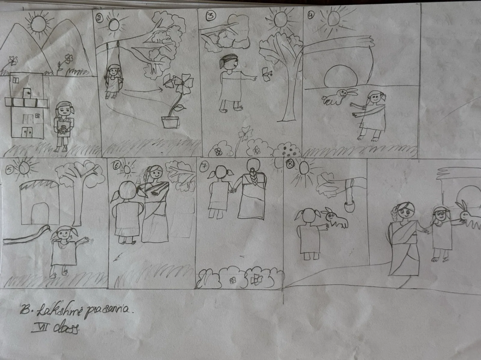 A pencil drawing arranged in panels with people and actions