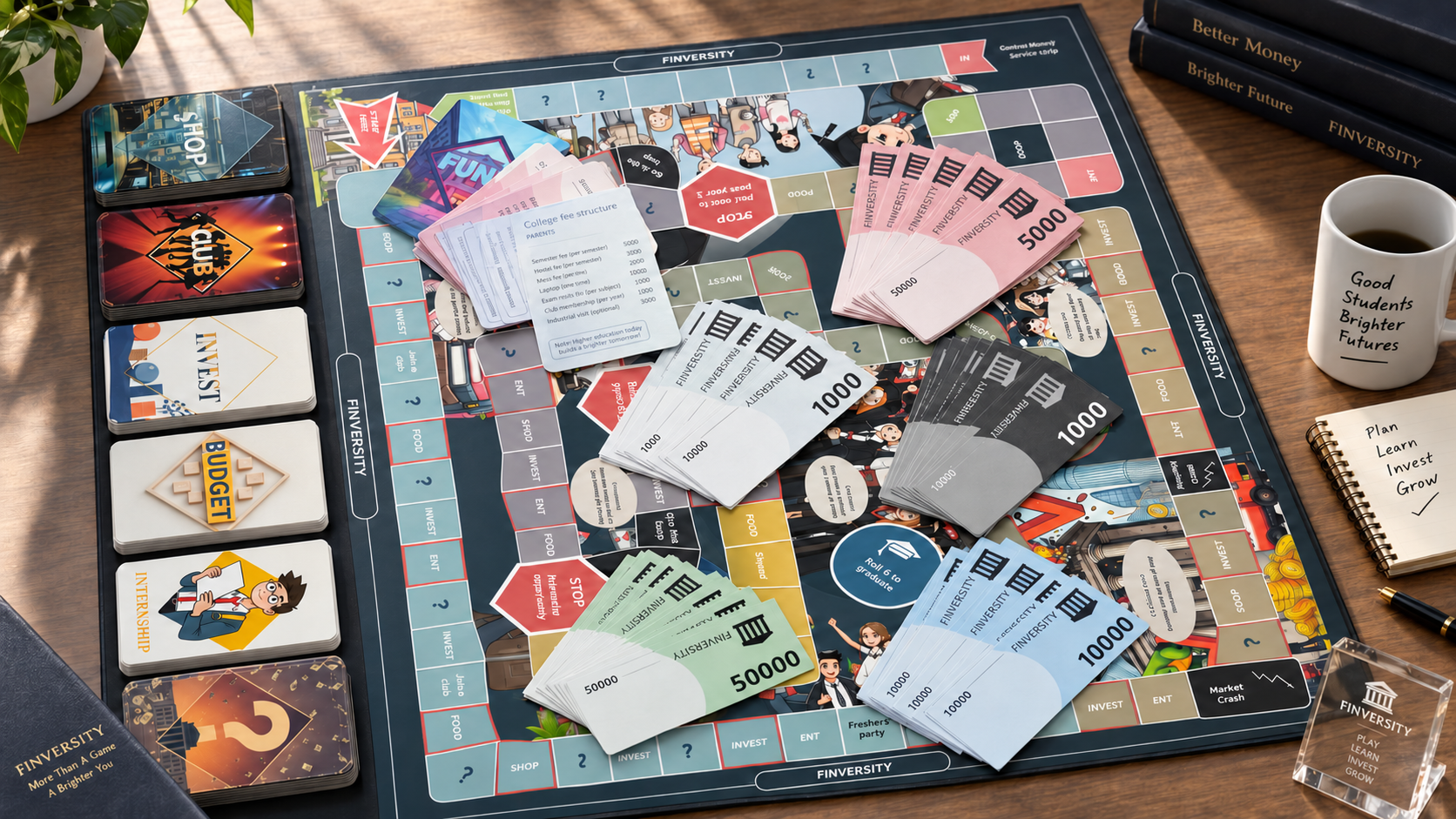 Finversity board, decision cards, and currency