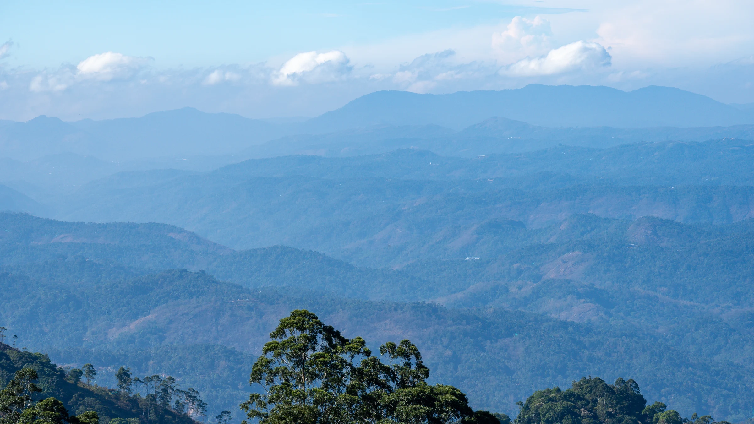 Layers of forested Idukki hills receding into blue haze, seen from Pallivasal in Kerala