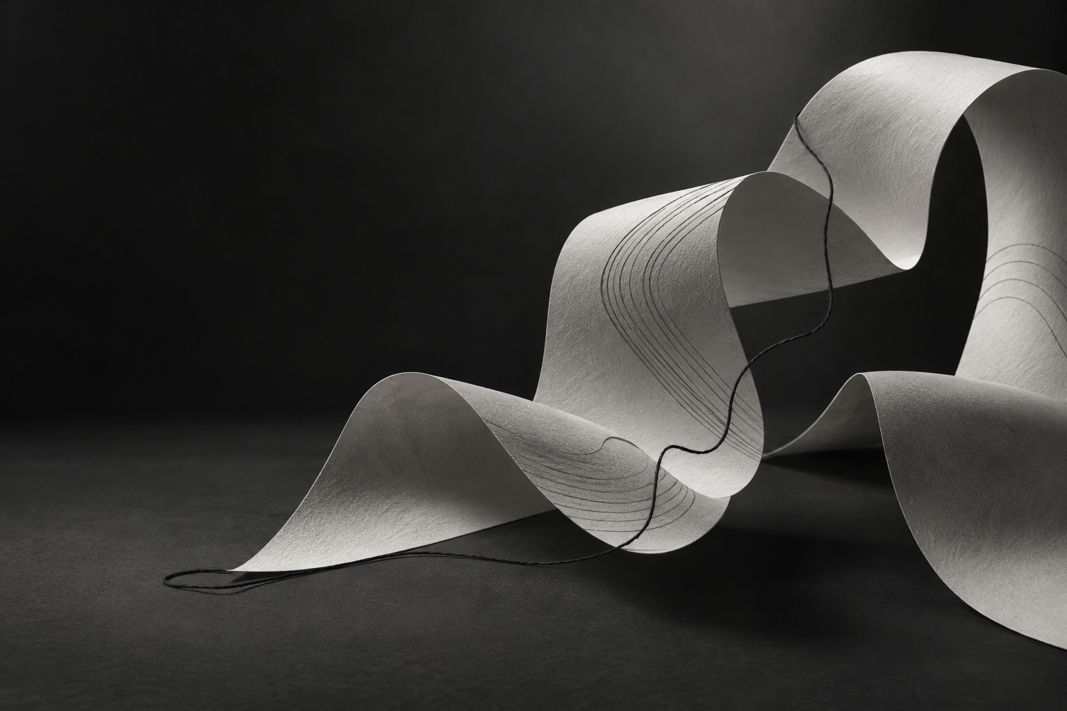 Sculptural paper folds and a thread crossing different surfaces