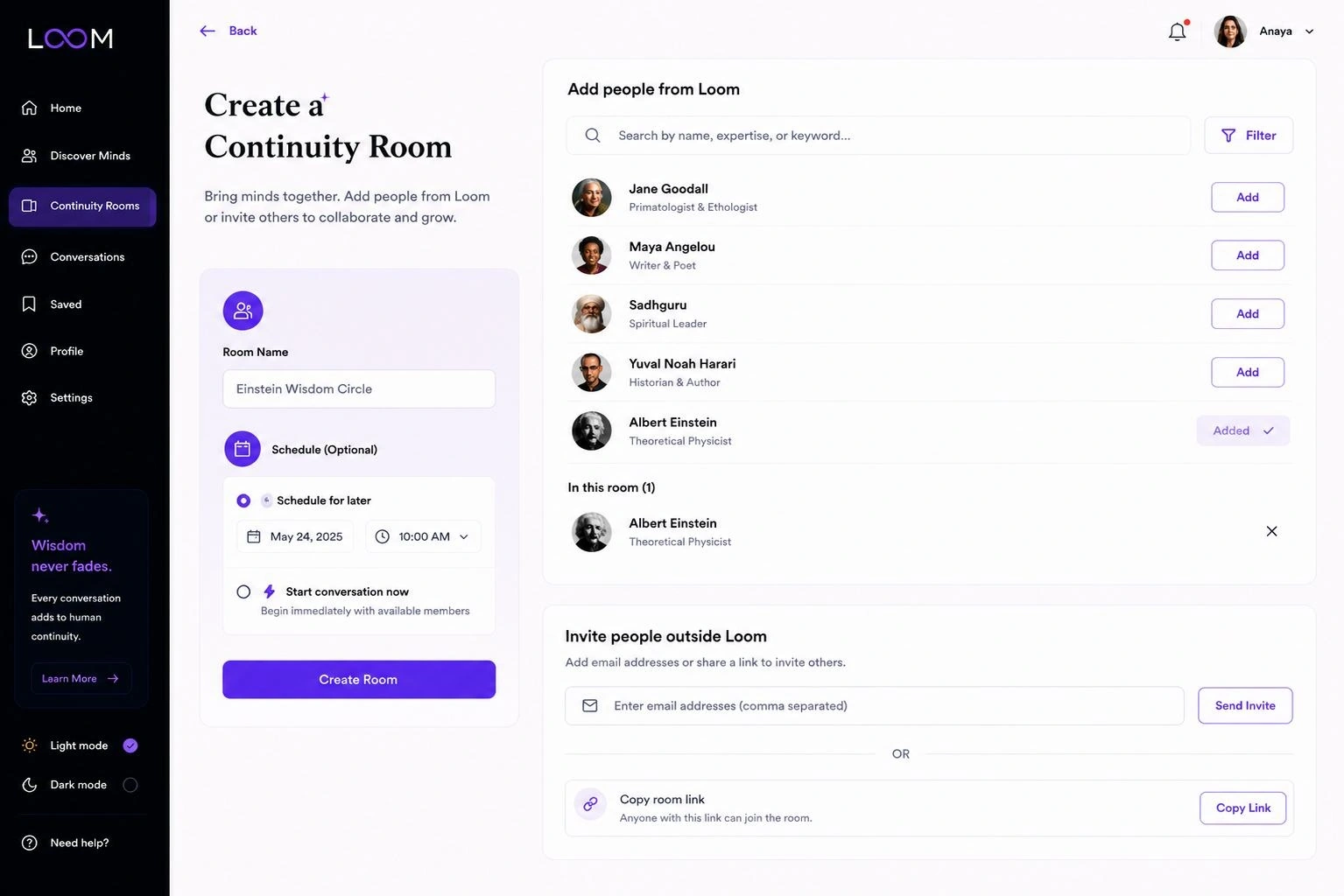 Loom continuity room setup interface