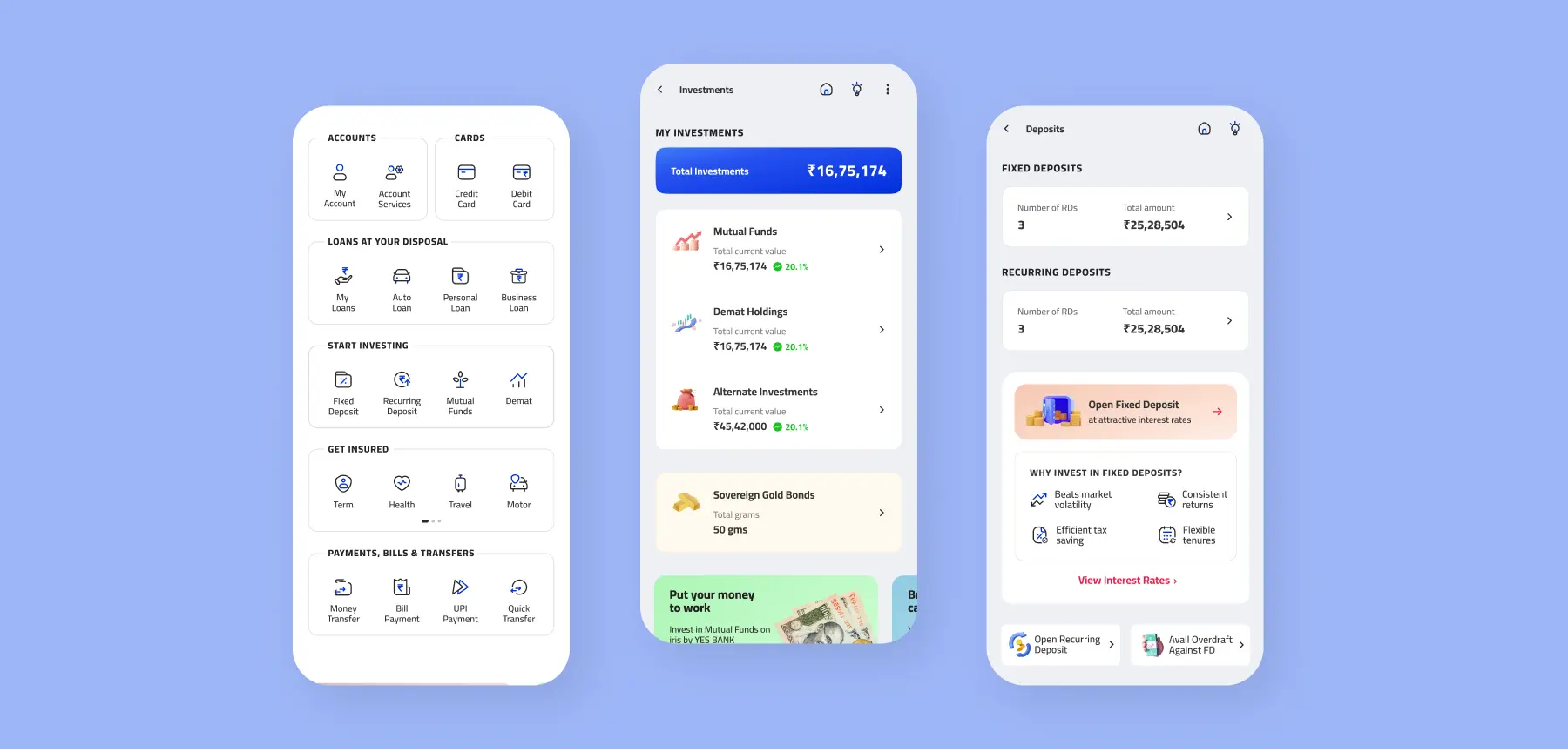 YES Bank banking feature interfaces